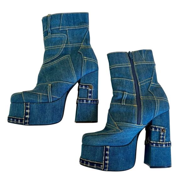 JEFFREY CAMPBELL Patchwork Denim Chunky Platform Cowgirl Rave Western Boots 38 - Picture 8 of 10